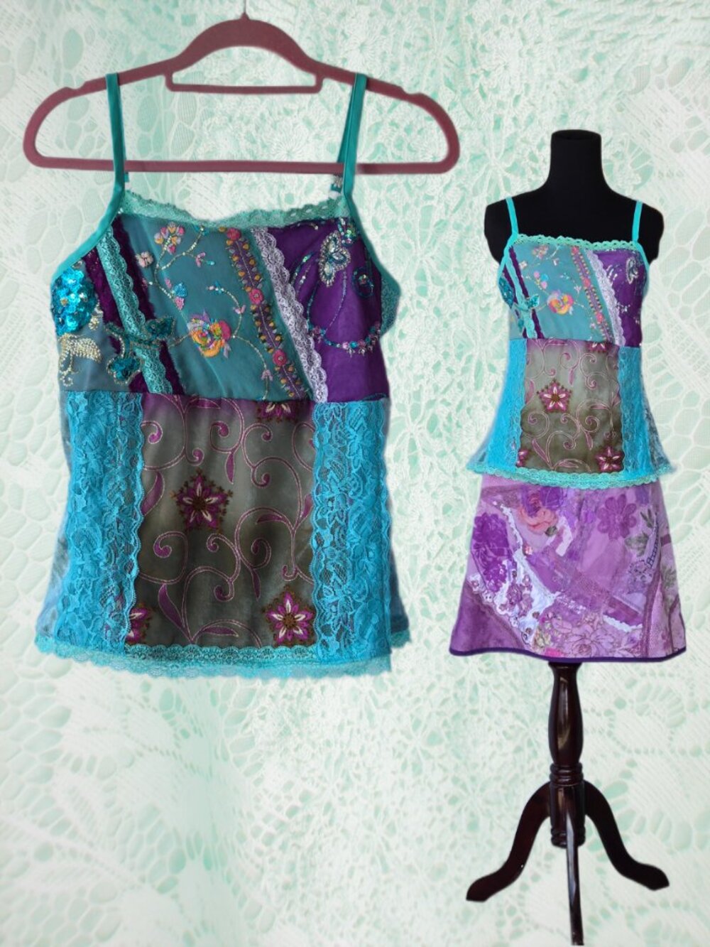 Handmade Whimsical Patchwork Aqua Purple Baby Doll Cami Top Sequin Mermaidcore